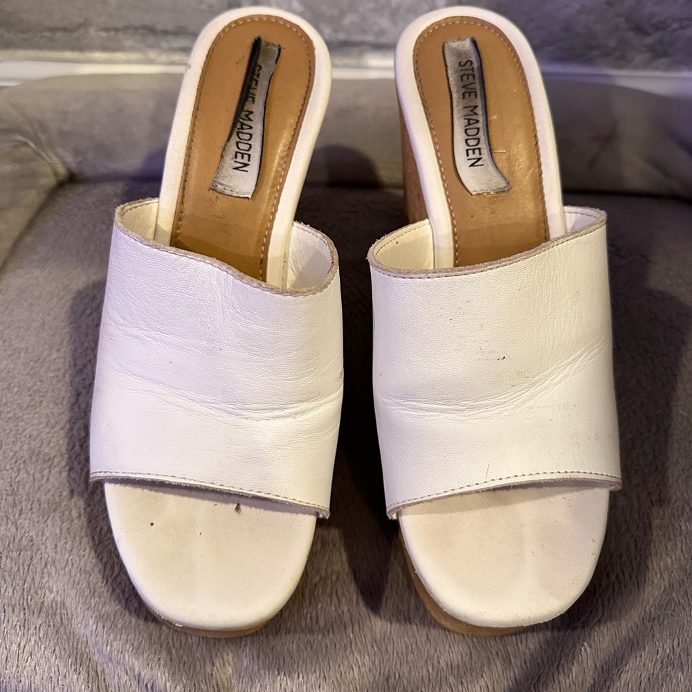 Steve Madden Womens Mardi Cork Wedge heeled Sandals size 8 white leather band